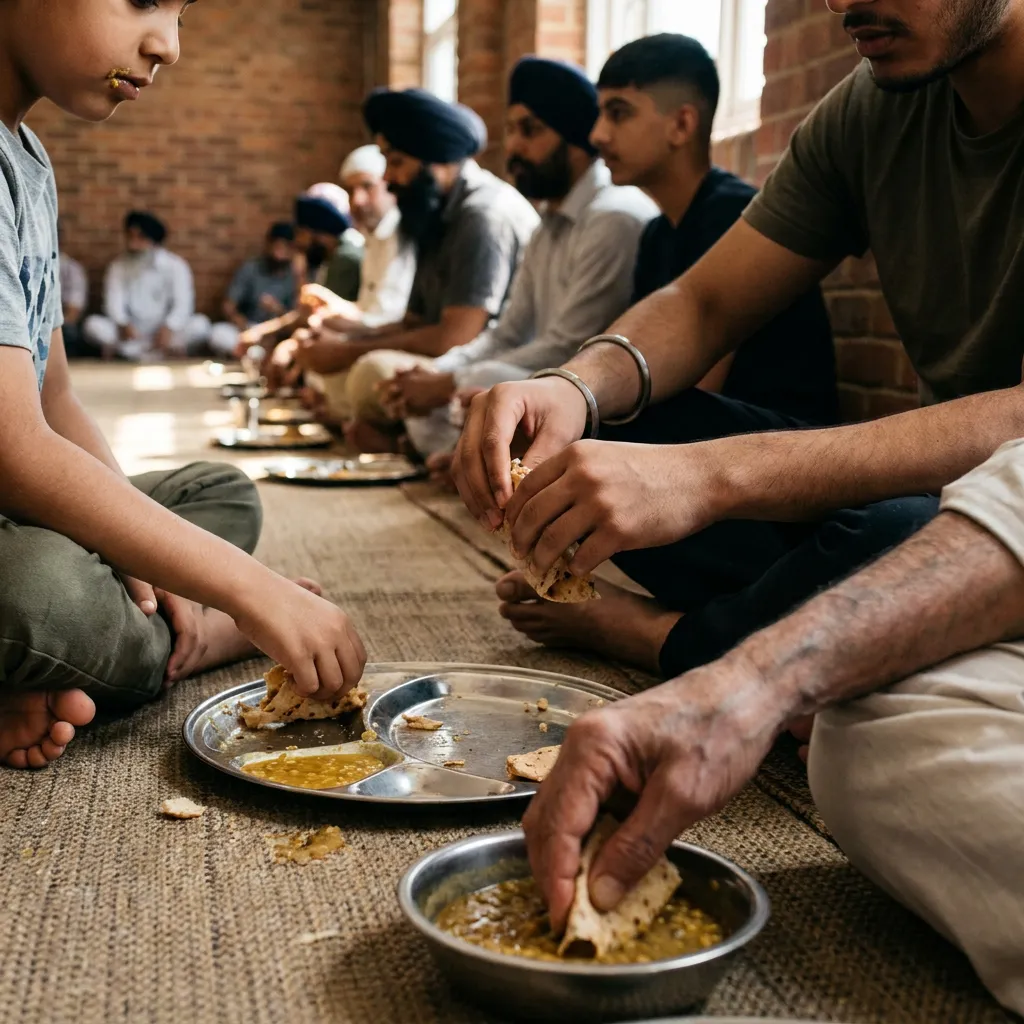 Close-up of three generations sharing roti and dal from steel thalis